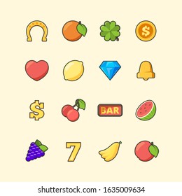 Casino icon. Slot machine gambling colored symbols jackpot diamond coins cherry bananas vector pictures