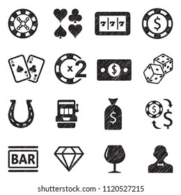 Casino Icons. Black Scribble Design. Vector Illustration.