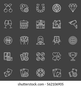Casino icons collection. Vector gambling outline signs. Poker chips, cards, dealer, slot machine symbols on dark background