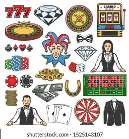 Casino Icons Of Gambling Games Vector Design. Roulette, Dice And Chips, Playing Cards, Poker And Black Jack Table, Slot Machine, Fortune Wheel And Money, Jackpot 777, Croupier, Joker And Diamond