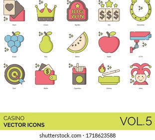 Casino icons including heart, crown, big win, $$$, horseshoe, grape, pear, melon, apple, cctv, dart, wallet, cigarette, ashtray, joker.