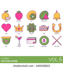 Casino icons including orange, strawberry, kiwi, watermelon, bell, heart, crown, big win, dollars, horseshoe, cctv, cocktail, credit card, billiard ball, pool sticks.