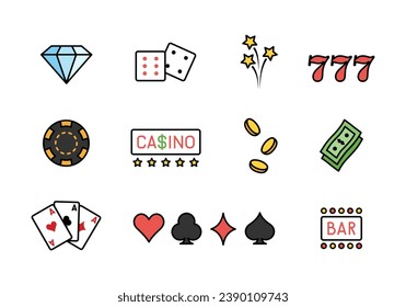 Casino icons. Casino line icons for slot machine. Set of outline gaming icons. Casino and gambling signs, coins and online casino icons for slot machine bar. Vector illustrations in flat style