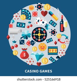 Casino icons round composition with chips cards coins dice cherry clover diamond symbols flat vector illustration