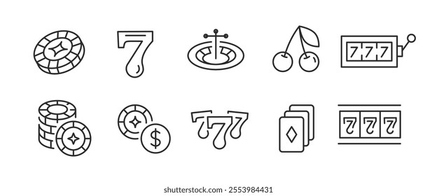 Casino icons. Set of 10 trendy minimal casino icons including Slot Machine, Dice, Cards, and Chips icon. Design elements for web page, mobile app, and gaming interface design. Vector illustration.