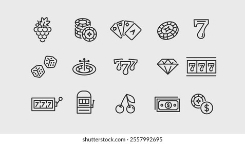 Casino icons. Set of 15 trendy minimal casino icons including Slot Machine, Dice, Cards, and Chips icon. Design elements for web page, mobile app, and gaming interface design. Vector illustration.