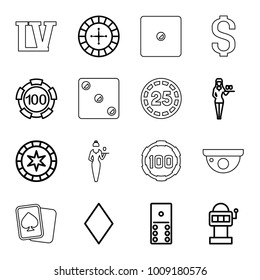 Casino icons. set of 16 editable outline casino icons such as diamonds, roulette, domino, slot machine, coin, dice, security camera, spades