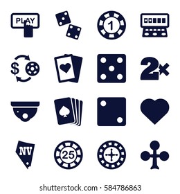 casino icons set. Set of 16 casino filled icons such as pllaying card, Clubs, Hearts, Finger pressing play button, Roulette, Casino chip and money, Dice, security camera