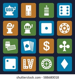 casino icons set. Set of 16 casino filled icons such as pllaying card, Clubs, Diamonds, Roulette, Slot machine, Coin, Dice, Vegas, domino, slot machine, lotto
