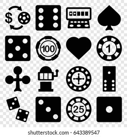 Casino icons set. set of 16 casino filled icons such as spades, clubs, hearts, roulette, dice, slot machine, domino