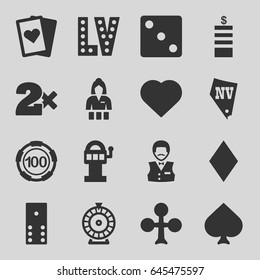Casino icons set. set of 16 casino filled icons such as spades, clubs, hearts, diamonds, coin, dice, roulette, vegas, domino, playing card