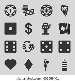 Casino icons set. set of 16 casino filled icons such as pllaying card, hearts, diamonds, coin, dice, vegas, slot machine