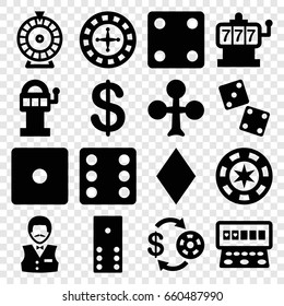 Casino icons set. set of 16 casino filled icons such as clubs, diamonds, roulette, slot machine, coin, dice, domino, dice