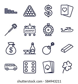 Casino icons set. Set of 16 Casino outline icons such as pllaying card, Clover, Coin, Money sack, Dice, explosion, gold, Roulette, billiards, champagne and wine glasses