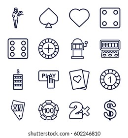 casino icons set. Set of 16 casino outline icons such as Spades, Hearts, Finger pressing play button, Roulette, Coin, Dice, Casino bet, Casino girl, Slot machine, Vegas
