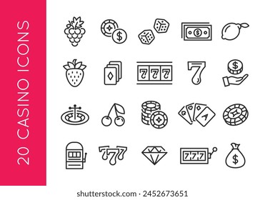 Casino icons. Set of 20 trendy minimal casino icons including Slot Machine, Dice, Cards, and Chips icon. Design elements for web page, mobile app, and gaming interface design. Vector illustration.