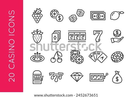 Casino icons. Set of 20 trendy minimal casino icons including Slot Machine, Dice, Cards, and Chips icon. Design elements for web page, mobile app, and gaming interface design. Vector illustration.