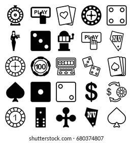 Casino icons set. set of 25 casino filled and outline icons such as spades, clubs, finger pressing play button, roulette, coin, dice, slot machine, vegas, pllaying card