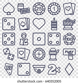 Casino icons set. set of 25 casino outline icons such as pllaying card, spades, hearts, diamonds, finger pressing play button, roulette, slot machine, coin, dice