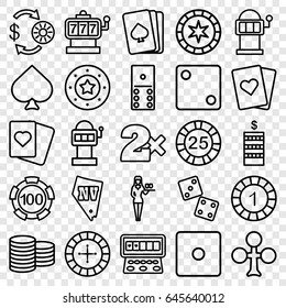Casino icons set. set of 25 casino outline icons such as pllaying card, spades, clubs, roulette, coin, slot machine, dice, vegas, domino, playing card, dice