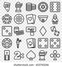 Casino icons set. set of 25 casino outline icons such as pllaying card, spades, clubs, diamonds, finger pressing play button, coin, dice, security camera, slot machine, vegas
