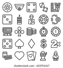 Casino icons set. set of 25 casino outline icons such as spades, clubs, hearts, diamonds, coin, dice, security camera, roulette, slot machine, vegas, playing card, dice