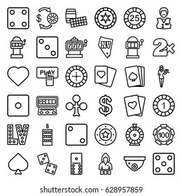 Casino icons set. set of 36 casino outline icons such as pllaying card, Spades, Clubs, Hearts, Finger pressing play button, Roulette, Slot machine, Casino girl, Coin