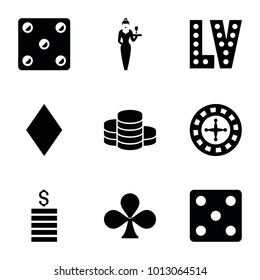 Casino icons. set of 9 editable filled casino icons such as diamonds, roulette, dice, vegas, clubs, coin
