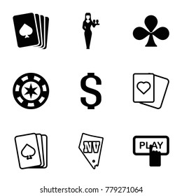 Casino icons. set of 9 editable filled and outline casino icons such as pllaying card, finger pressing play button, spades, vegas, clubs