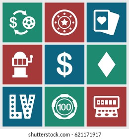 Casino icons set. set of 9 casino filled icons such as Diamonds, Coin, Casino chip and money, Casino chip, Spades, Slot machine