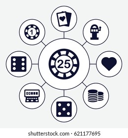 Casino icons set. set of 9 casino filled icons such as Hearts, Coin, Dice, Slot machine, playing card