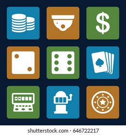 Casino icons set. set of 9 casino filled icons such as pllaying card, coin, casino chip, dice, security camera