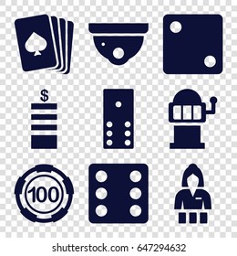 Casino icons set. set of 9 casino filled icons such as pllaying card, coin, dice, security camera, slot machine