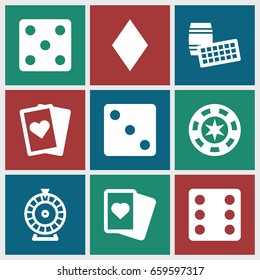 Casino icons set. set of 9 casino filled icons such as diamonds, dice, roulette, spades, playing card, lotto