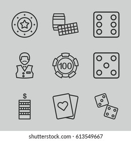 Casino icons set. set of 9 casino outline icons such as Coin, Casino chip, Dice, Casino boy, playing card