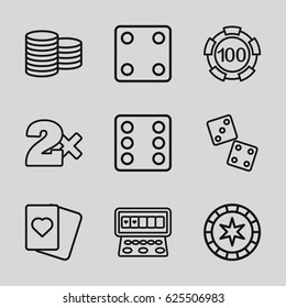 Casino icons set. set of 9 casino outline icons such as Coin, Dice, Casino bet, Spades, Slot machine