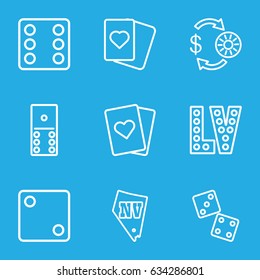 Casino icons set. set of 9 casino outline icons such as casino chip and money, dice, spades, vegas, domino, playing card
