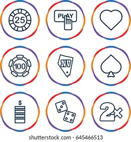 Casino icons set. set of 9 casino outline icons such as spades, hearts, finger pressing play button, coin, vegas
