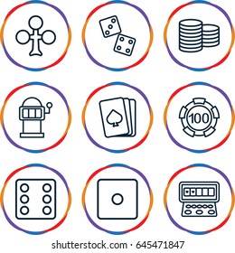 Casino icons set. set of 9 casino outline icons such as pllaying card, clubs, coin, 100 casino chip, dice, slot machine