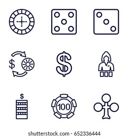 Casino icons set. set of 9 casino outline icons such as clubs, roulette, coin
