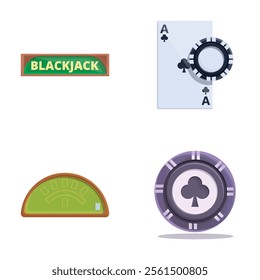 Casino icons set cartoon vector. Gaming table, casino poker cards and chips. Pastime, addiction