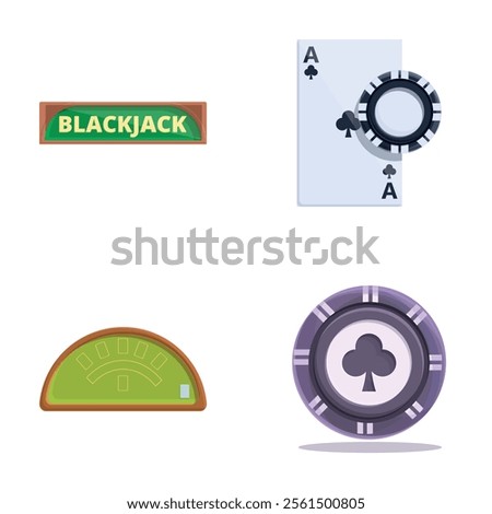 Casino icons set cartoon vector. Gaming table, casino poker cards and chips. Pastime, addiction