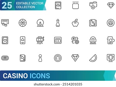 Casino icons set. Collection of vector line icons with elements for mobile concept and web app. Icons of slot machine, playing cards, dice and more, Outline icon collection. Editable stroke.