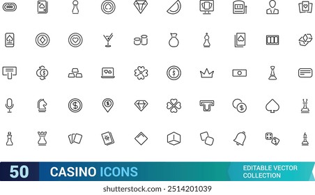 Casino icons set. Collection of vector line icons with elements for mobile concept and web app. Icons of slot machine, playing cards, dice and more, Outline icon collection. Editable stroke.