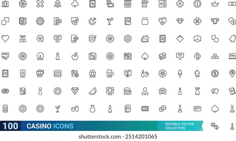 Casino icons set. Collection of vector line icons with elements for mobile concept and web app. Icons of slot machine, playing cards, dice and more, Outline icon collection. Editable stroke.