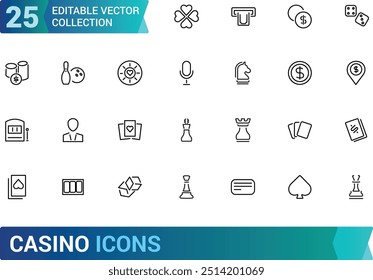 Casino icons set. Collection of vector line icons with elements for mobile concept and web app. Icons of slot machine, playing cards, dice and more, Outline icon collection. Editable stroke.