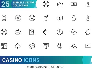 Casino icons set. Collection of vector line icons with elements for mobile concept and web app. Icons of slot machine, playing cards, dice and more, Outline icon collection. Editable stroke.