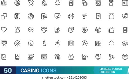 Casino icons set. Collection of vector line icons with elements for mobile concept and web app. Icons of slot machine, playing cards, dice and more, Outline icon collection. Editable stroke.