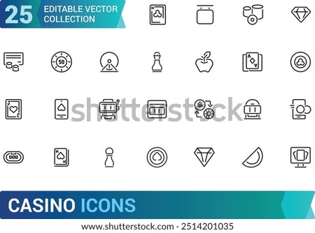 Casino icons set. Collection of vector line icons with elements for mobile concept and web app. Icons of slot machine, playing cards, dice and more, Outline icon collection. Editable stroke.