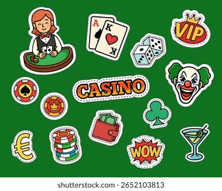 Conjunto de ícones do Casino. Jogos de azar, Poker, Chips e Divertimento Símbolos em Estilo de Desenho Animado
